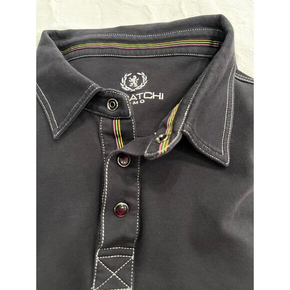 Bugatchi Uomo Mens Solid Black Polo Sz XL White Stitching Pima Cotton Snap Vtg - Picture 6 of 7